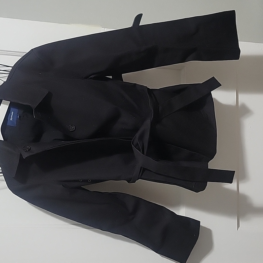 Faconnable women's black light weight jacket.Size XS. Button front. Belt tie.